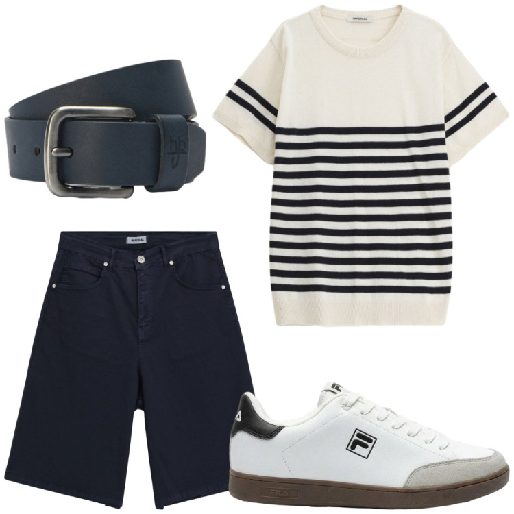 Outfit uomo - Trendy. Stile Casual per Serata speciale. Abbinamento con sneakers, maglieria, bermuda, cinture.