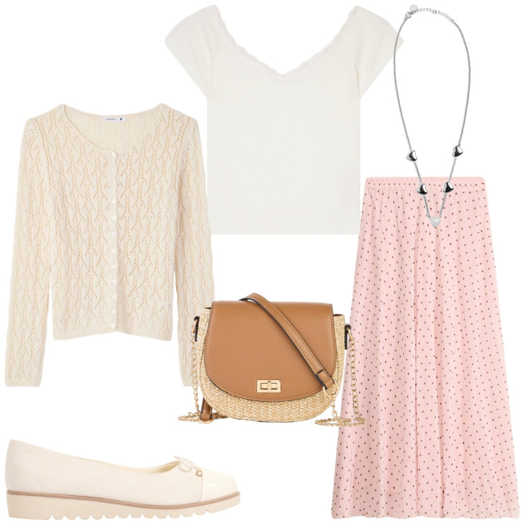 Outfit donna - Romantica in primavera. Stile Romantica per Tutti i giorni. Abbinamento con ballerine, borse a tracolla, gonne longuette, cardigans, canottiere, collane.