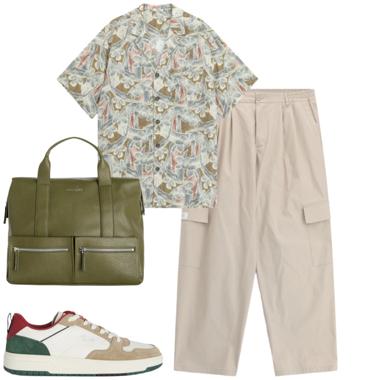 Outfit uomo - Maggio. Stile Casual per Tutti i giorni. Abbinamento con camicie a manica corta, pantaloni cargo, sneakers, borse sportive.