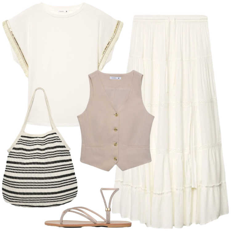 Outfit donna - Terranova stile boho. Stile Boho per Mare. Abbinamento con shopping bag, t-shirt, gonne lunghe, gilet, sandali.