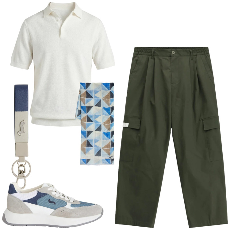 Outfit uomo - City. Stile Casual per Tutti i giorni. Abbinamento con pantaloni cargo, sneakers, portachiavi, sciarpe, polo.