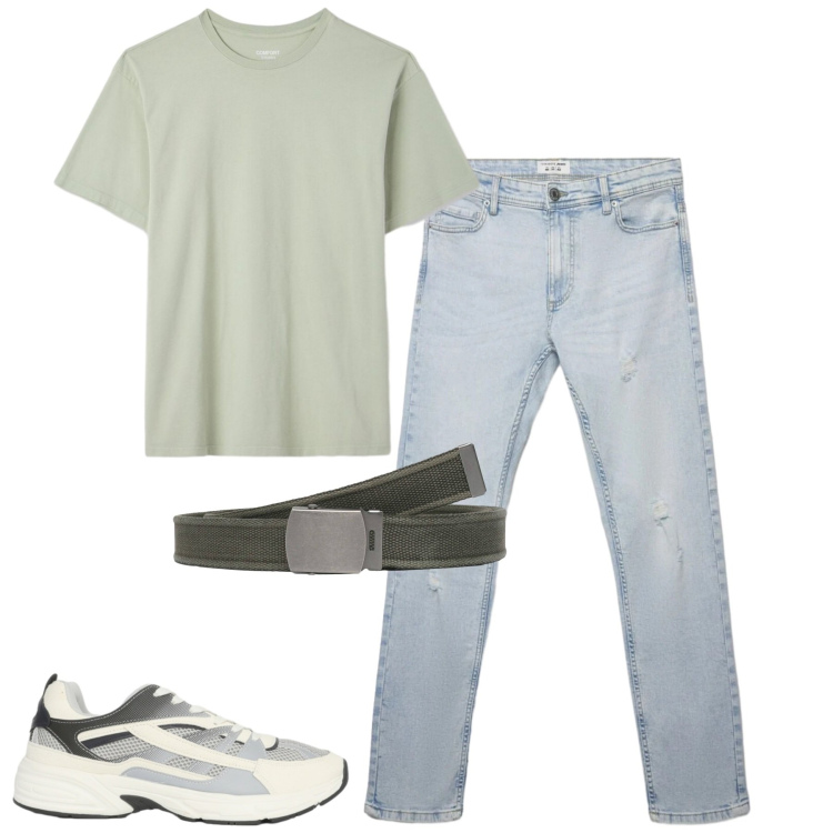 Outfit uomo - Jeans e t-shirt. Stile Casual per Tutti i giorni. Abbinamento con cinture, sneakers, jeans strappati, t-shirt.