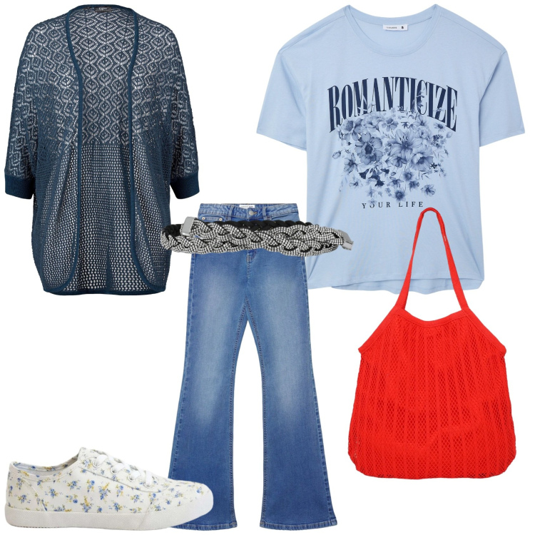 Outfit donna - Casual, primavera 2026. Stile Casual per Tutti i giorni. Abbinamento con cardigans, sneakers, t-shirt, shopping bag, cinture, jeans a zampa.