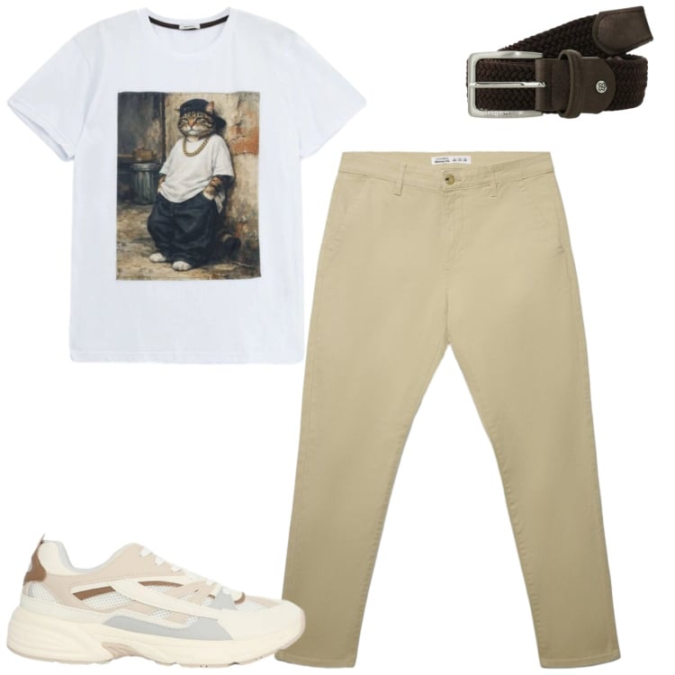 Outfit uomo - Maggio. Stile Casual per Tutti i giorni. Abbinamento con sneakers, pantaloni chino, t-shirt, cinture.