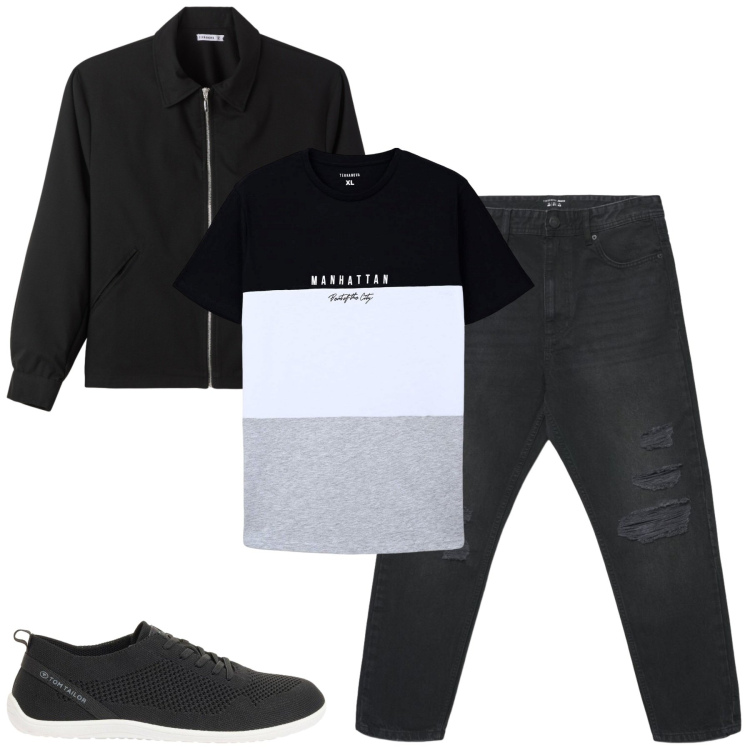 Outfit uomo - City. Stile Casual per Tutti i giorni. Abbinamento con sneakers, t-shirt, jeans strappati, bomber.