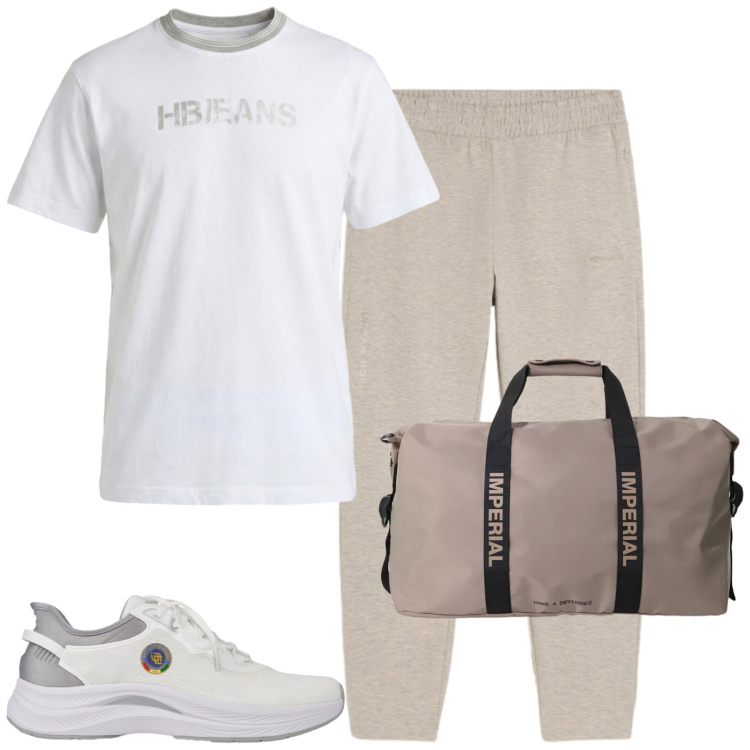 Outfit uomo - Sportivo. Stile Casual per Sport. Abbinamento con borse sportive, t-shirt, pantaloni, scarpe sportive.