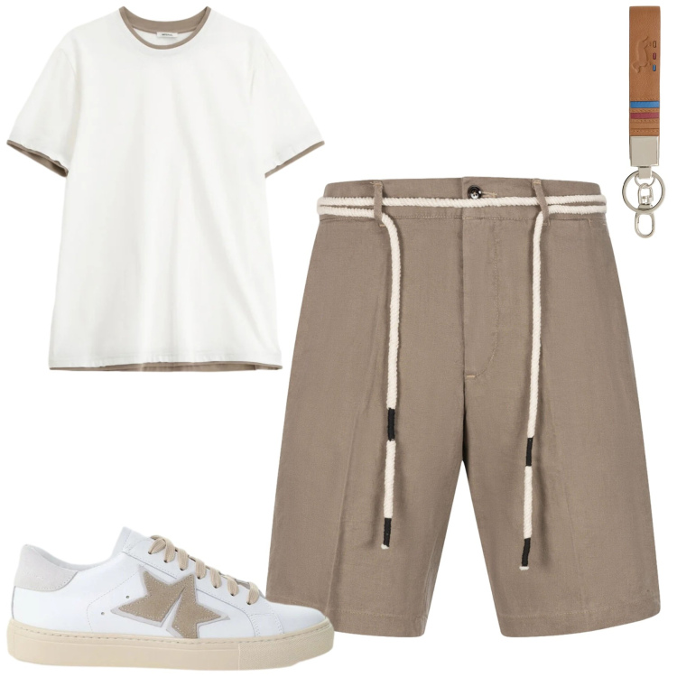Outfit uomo - City. Stile Casual per Tutti i giorni. Abbinamento con t-shirt, sneakers, portachiavi, bermuda.
