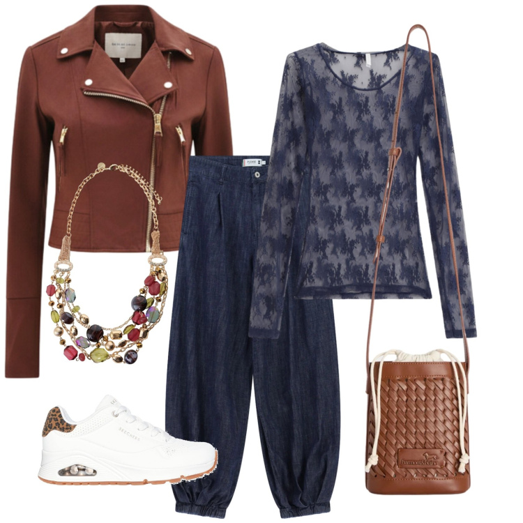 Outfit donna - Commissioni con stile. Stile Trendy per Tutti i giorni. Abbinamento con borse a secchiello, jeans, bluse, giacche, collane, sneakers alte.