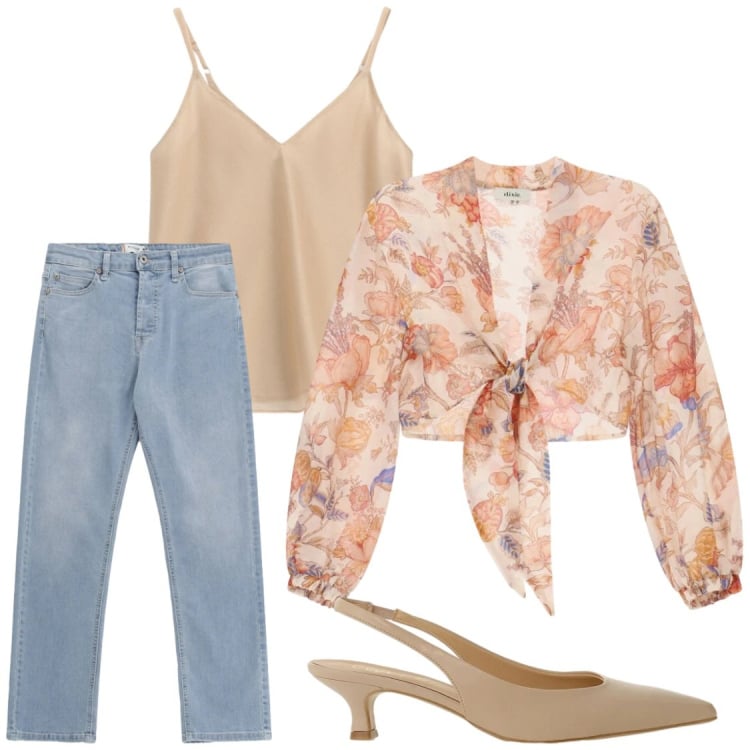 Outfit donna - Blusa corta, top e jeans#tacco basso. Stile Chic per Tutti i giorni. Abbinamento con jeans, top, décolleté, bluse.
