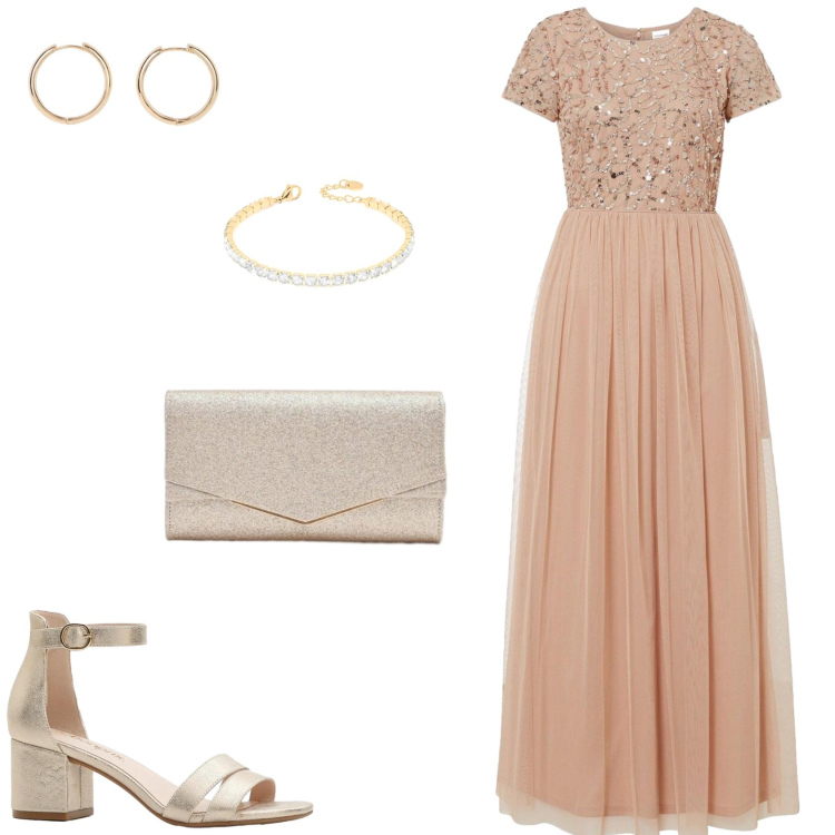 Outfit donna - L\'abito da sera. Stile Glamour per Cerimonia. Abbinamento con orecchini, sandali col tacco, vestiti lunghi, clutch, braccialetti.