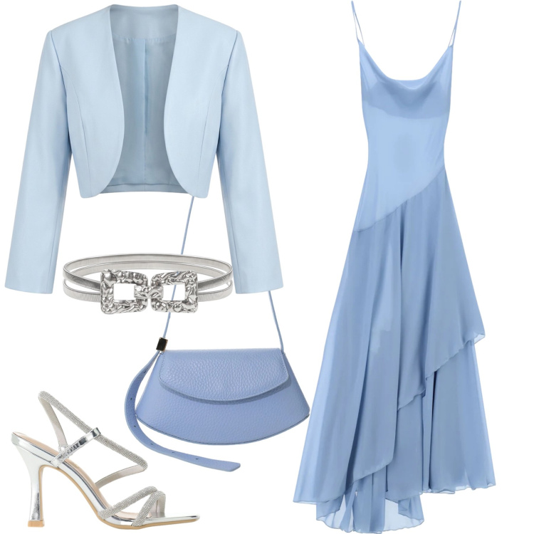 Outfit donna - Cinderella blue. Stile Glamour per Cerimonia. Abbinamento con sandali col tacco, vestiti lunghi, borse a spalla, bolero, cinture.