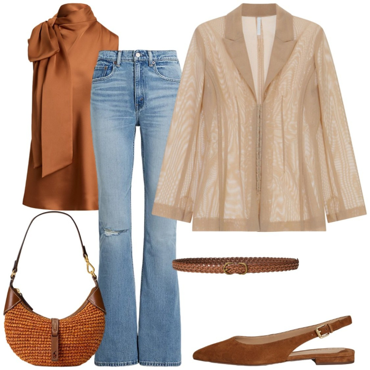 Outfit donna - Blusa dentro i jeansns. Stile Glamour per Ufficio. Abbinamento con blazer, jeans, borse a spalla, ballerine, cinture, bluse.