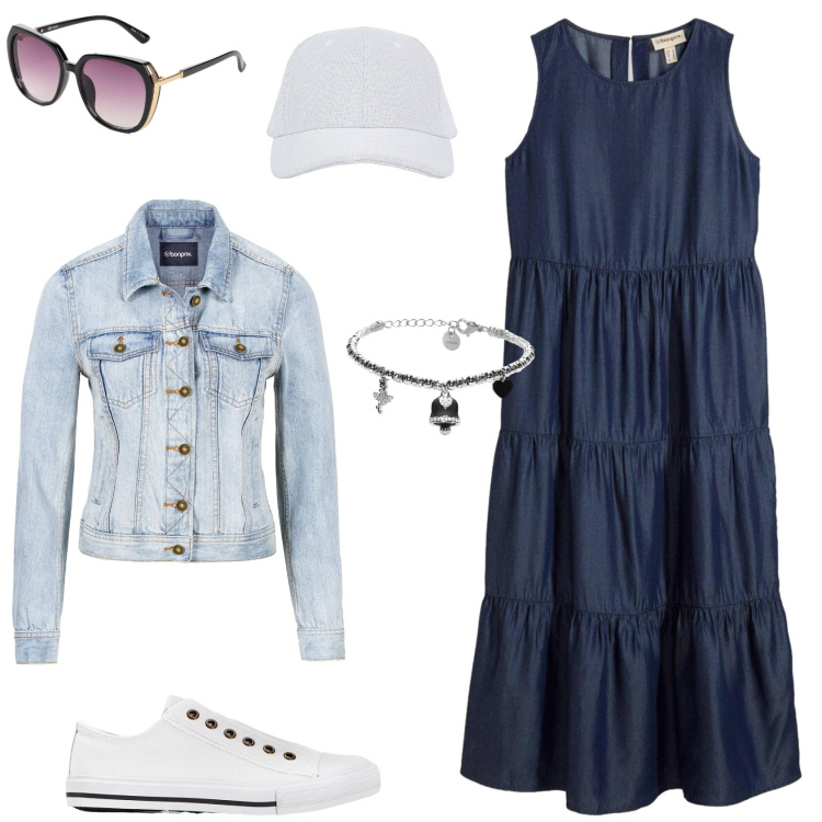Outfit donna - Outfit, primavera 2026. Stile Casual per Tutti i giorni. Abbinamento con giacche sportive, sneakers, occhiali da sole, vestiti midi/longuette, cappelli con visiera, braccialetti.