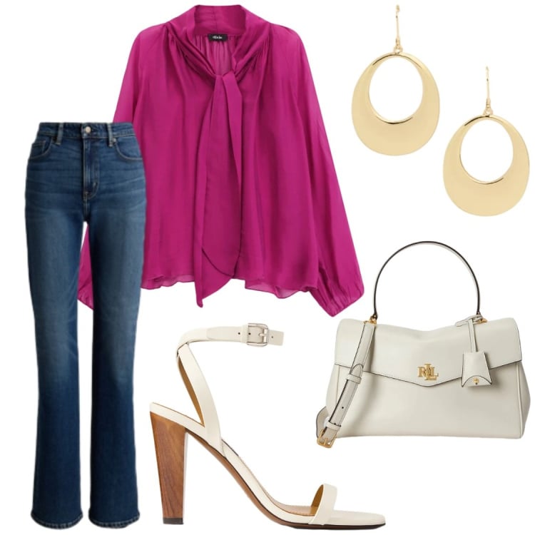 Outfit donna - Blusa di giorno. Stile Chic per Ufficio. Abbinamento con bluse, sandali in pelle, jeans, borse a mano, orecchini.
