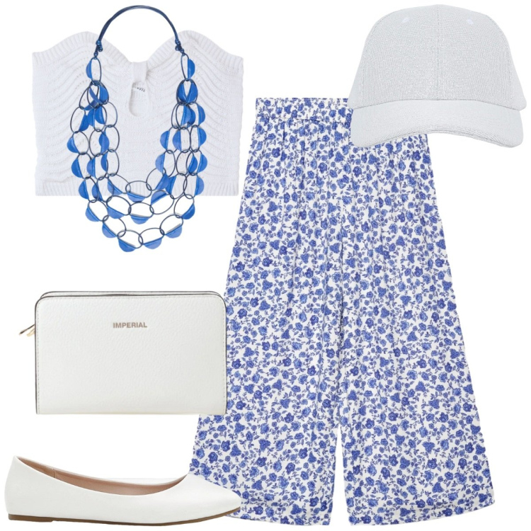 Outfit donna - Maggio profumo d\'estate. Stile Casual chic per Tutti i giorni. Abbinamento con ballerine, cappelli con visiera, top, pantaloni a palazzo, borse a tracolla, collane.