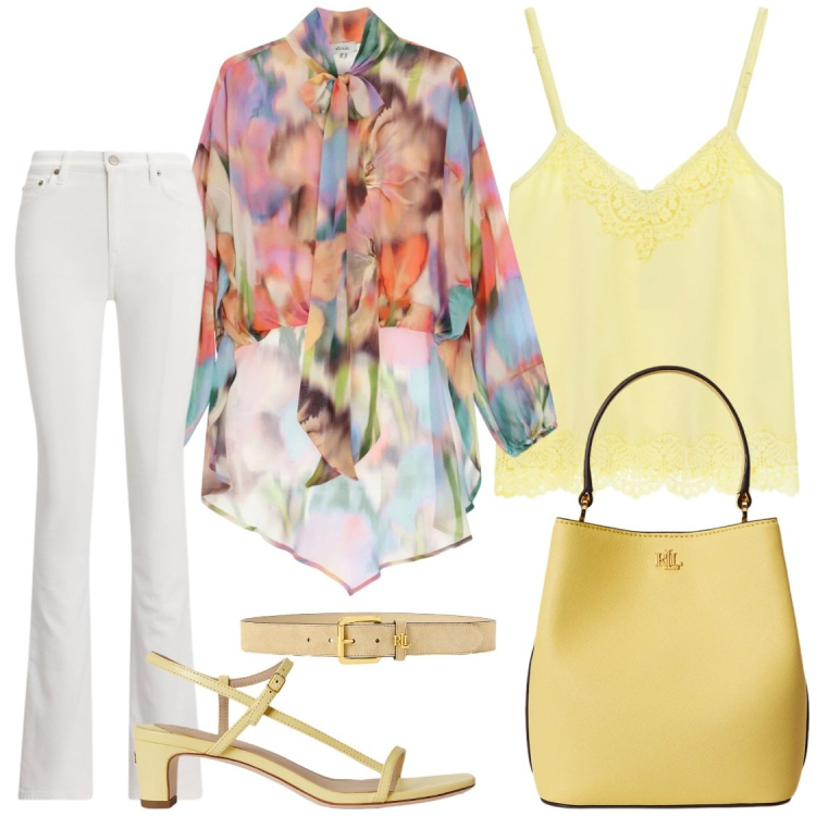 Outfit donna - Dettagli in giallo. Stile Glamour per Tutti i giorni. Abbinamento con jeans bootcut, sandali in pelle, borse a secchiello, cinture, bluse, top.