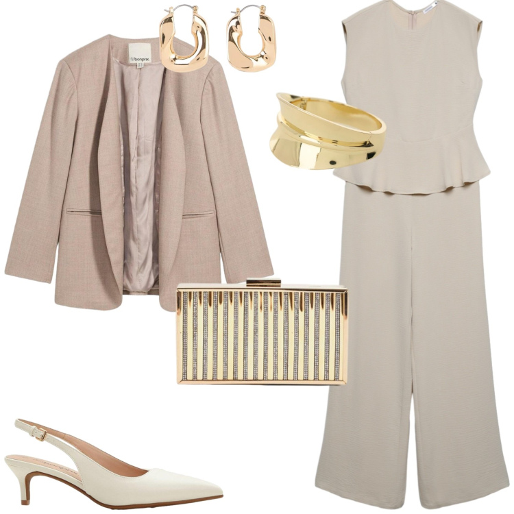 Outfit donna - Outfit per una cerimonia. Stile Glamour per Cerimonia. Abbinamento con orecchini, blazer, décolleté, tute, clutch, braccialetti.