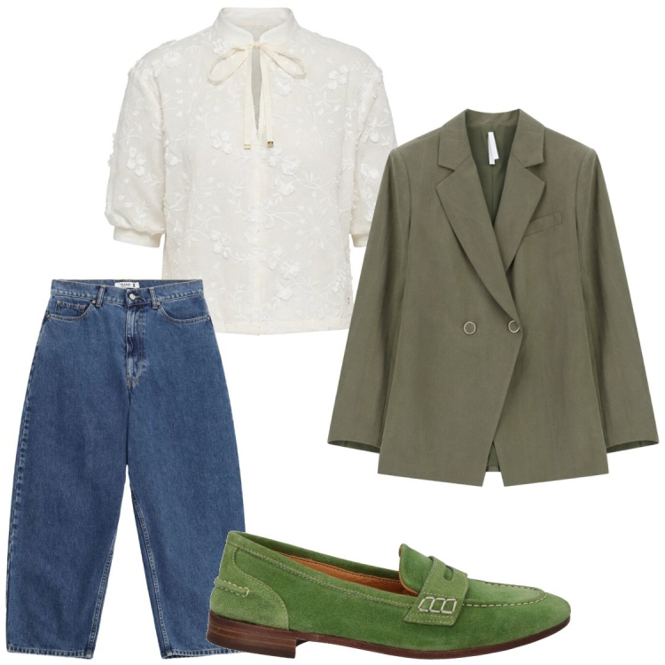 Outfit donna - Blusa bianca. Stile Chic per Ufficio. Abbinamento con mocassini, blazer, bluse, jeans.