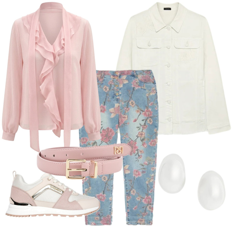 Outfit donna - Pastello romantico. Stile Romantica per Tutti i giorni. Abbinamento con cinture, bluse, cappotti, jeans, orecchini, sneakers.