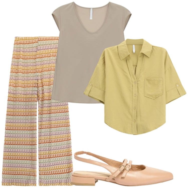 Outfit donna - Comodità. Stile Chic per Tutti i giorni. Abbinamento con ballerine, canottiere, pantaloni a palazzo, camicie a manica corta.