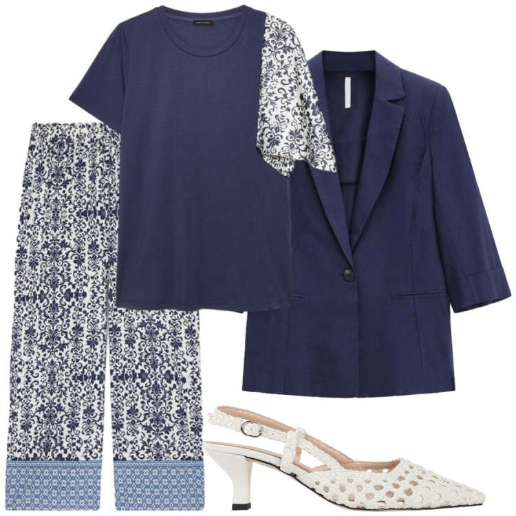 Outfit donna - Comodità. Stile Chic per Ufficio. Abbinamento con décolleté, blazer, pantaloni, bluse.