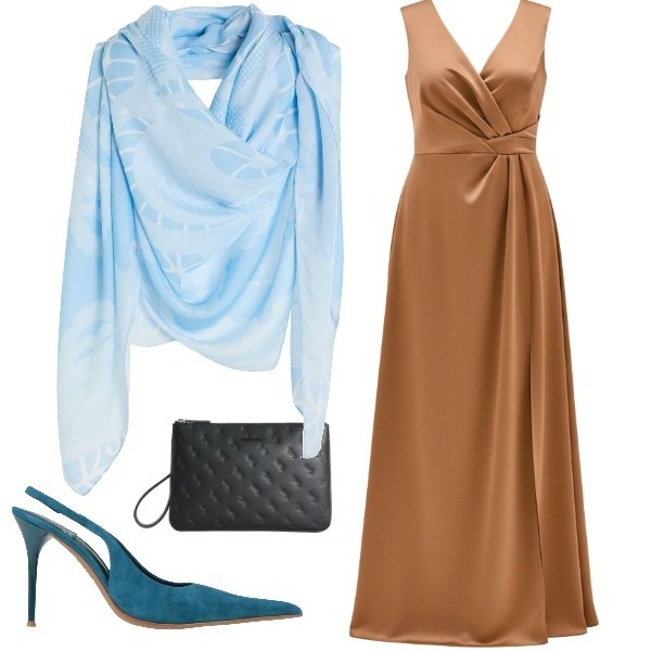 Outfit donna - Color caramello e azzurro. Stile Chic per Cerimonia. Abbinamento con sciarpe, décolleté, vestiti lunghi, anelli.