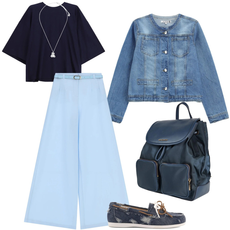 Outfit donna - A passeggio o in ufficio senza stress. Stile Casual per Tutti i giorni. Abbinamento con zaini, blazer, t-shirt, pantaloni a palazzo, ciondoli, mocassini.