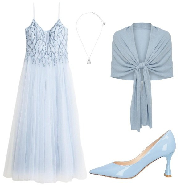 Outfit donna - Azzurro cielo. Stile Romantica per Cerimonia. Abbinamento con décolleté, vestiti lunghi, stole, ciondoli.