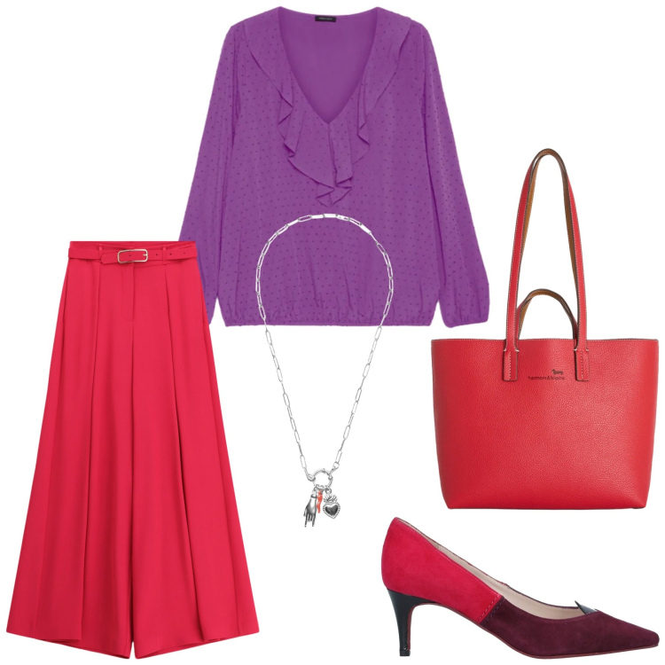 Outfit donna - Viola e rosso. Stile Chic per Serata fuori. Abbinamento con décolleté, pantaloni a palazzo, shopping bag, ciondoli, bluse.