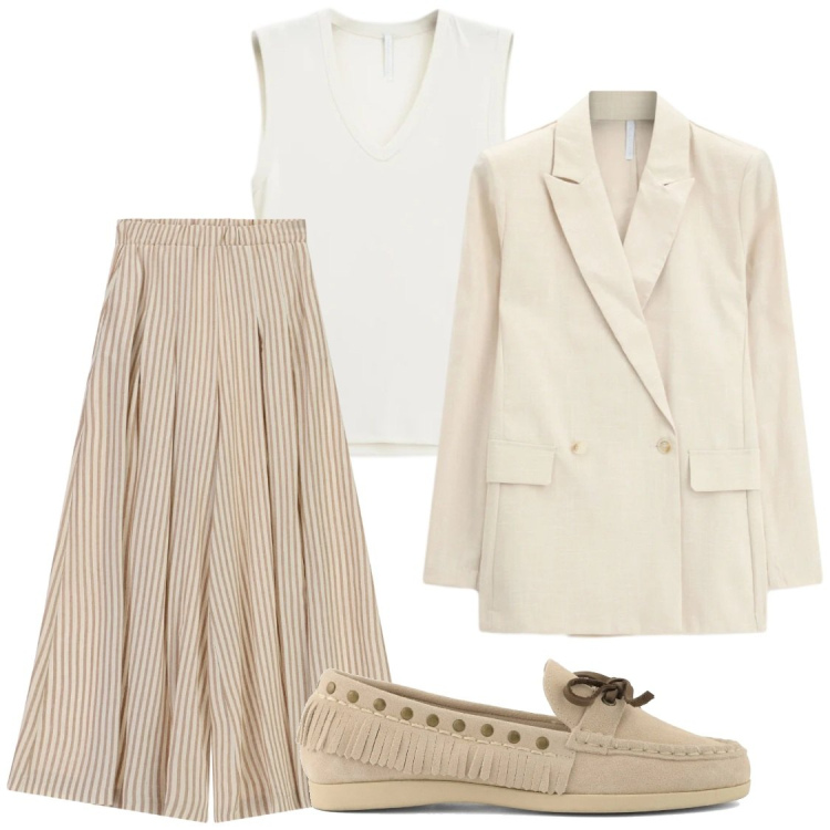 Outfit donna - Comodità. Stile Chic per Ufficio. Abbinamento con pantaloni a palazzo, blazer, top, mocassini.