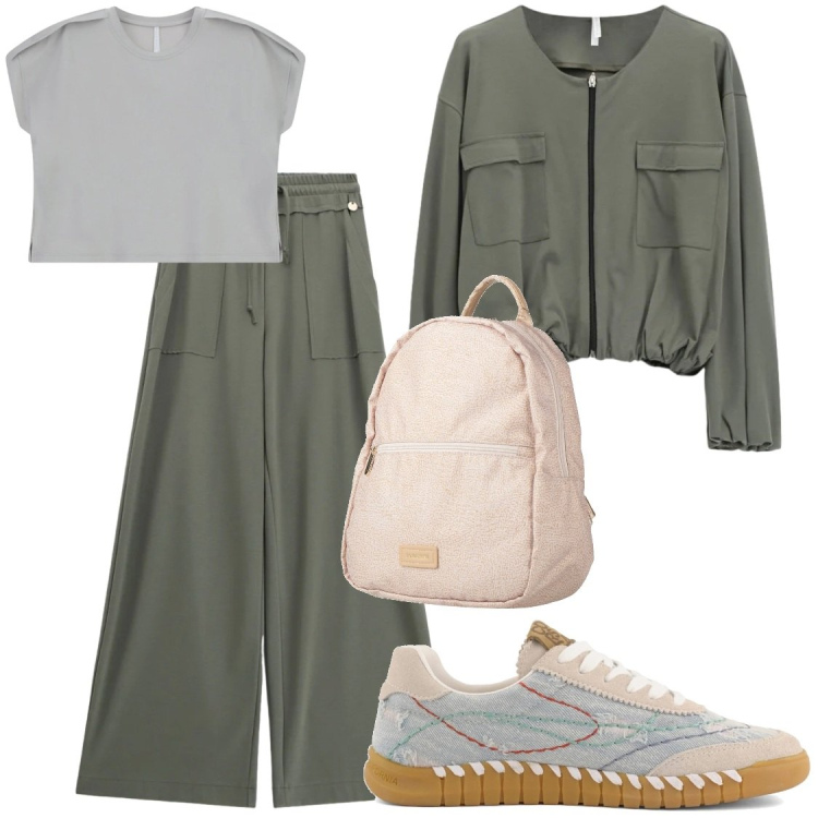 Outfit donna - Tra casa e spese. Stile Sporty chic per Tutti i giorni. Abbinamento con zaini, top, bomber, pantaloni a palazzo, sneakers.