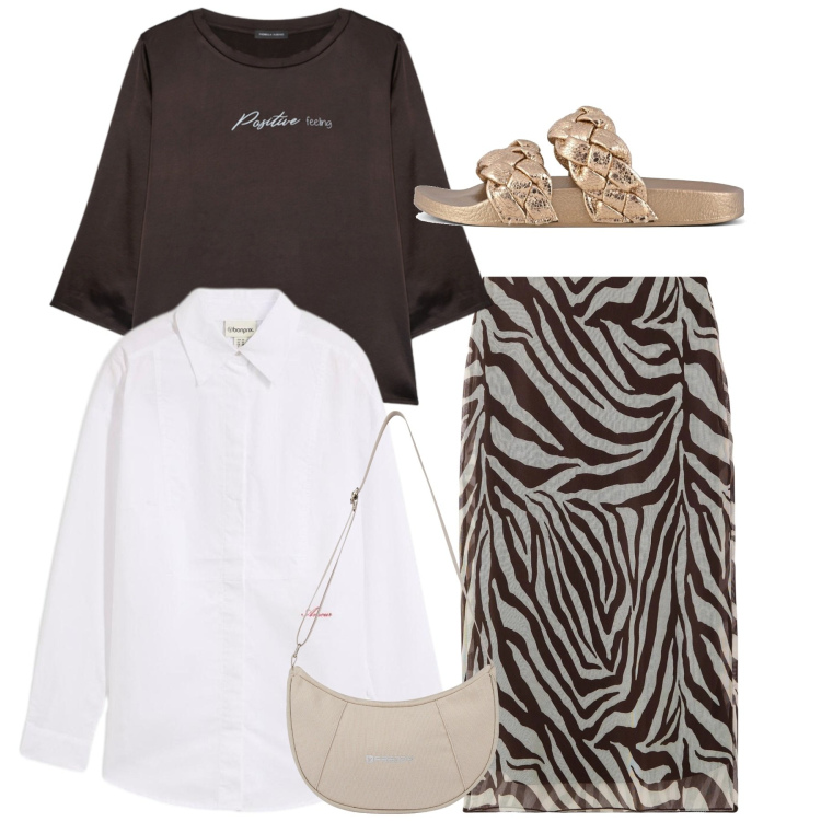 Outfit donna - Total look chic. Stile Chic per Tutti i giorni. Abbinamento con camicie, gonne lunghe, borse a spalla, bluse, ciabatte.