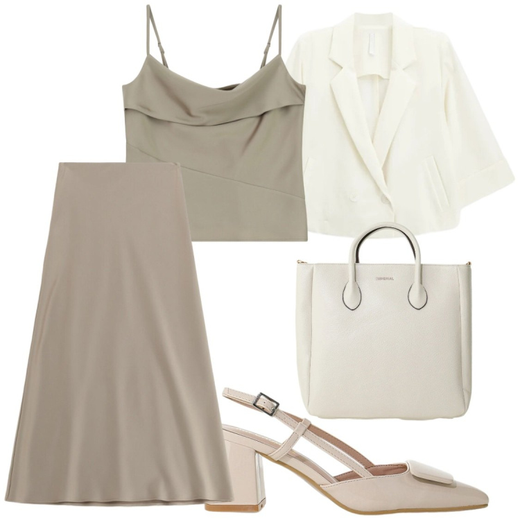 Outfit donna - Toni neutri. Stile Chic per Serata fuori. Abbinamento con gonne lunghe, canottiere, décolleté, blazer, borse a tracolla.