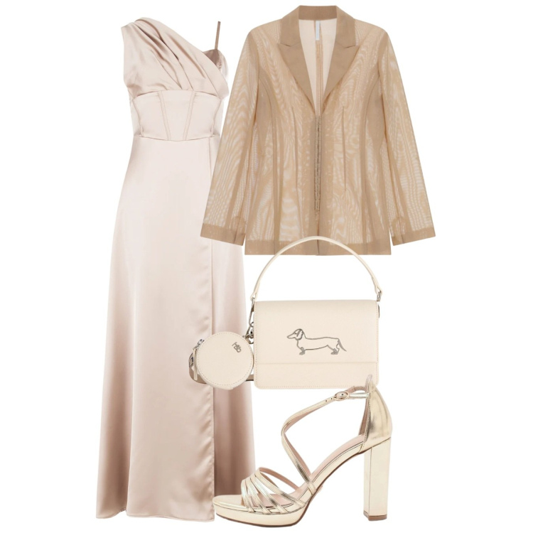Outfit donna - Abito lungo per la cerimonia. Stile Glamour per Cerimonia. Abbinamento con vestiti lunghi, sandali col tacco, blazer, borse a tracolla.