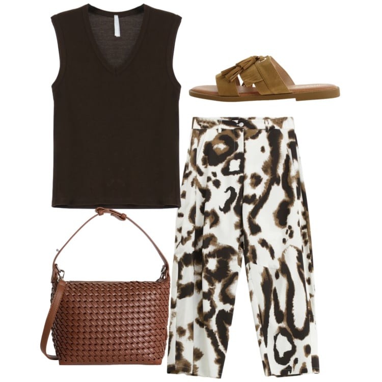 Outfit donna - Total look. Stile Basic per Tutti i giorni. Abbinamento con pantaloni, top, sandali, borse a spalla.
