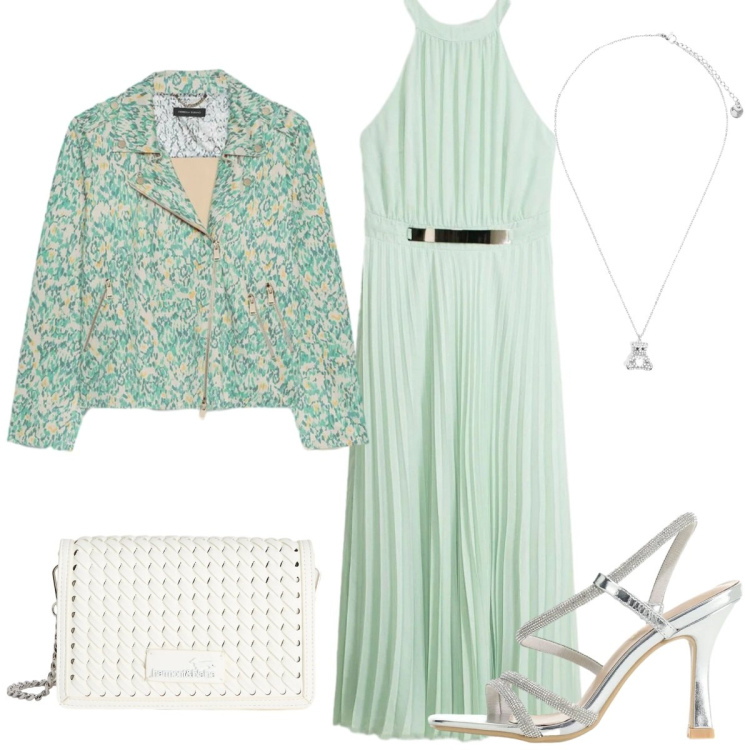 Outfit donna - Cerimonia pastello. Stile Romantica per Cerimonia. Abbinamento con vestiti lunghi, borse a tracolla, sandali col tacco, blazer, ciondoli.