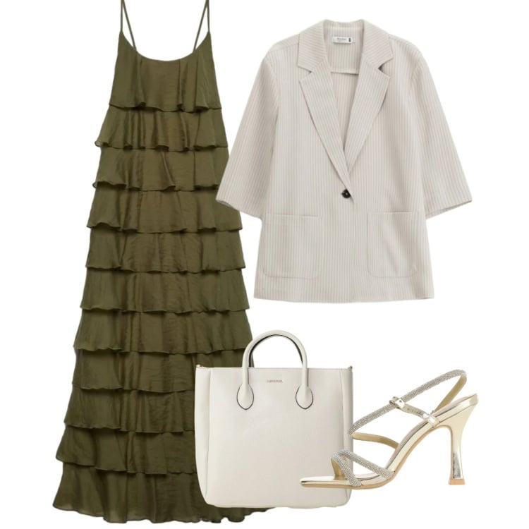Outfit donna - Abito lungo per la cerimonia. Stile Chic per Cerimonia. Abbinamento con vestiti lunghi, sandali col tacco, borse a tracolla, blazer.