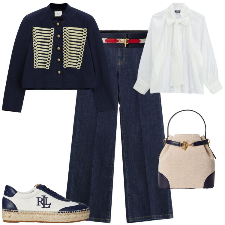 Outfit donna - Casual chic ufficio tempo libero. Stile Casual chic per Tutti i giorni. Abbinamento con bluse, jeans, cappotti, sneakers, cinture, borse a secchiello.