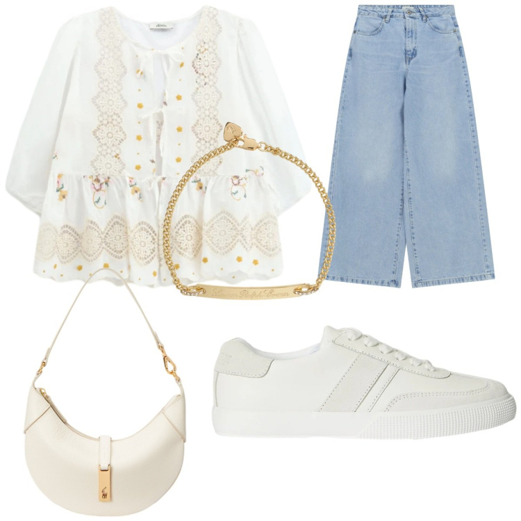 Outfit donna - White and jeans. Stile Romantica per Tutti i giorni. Abbinamento con bluse, jeans, sneakers, braccialetti, borse a spalla.