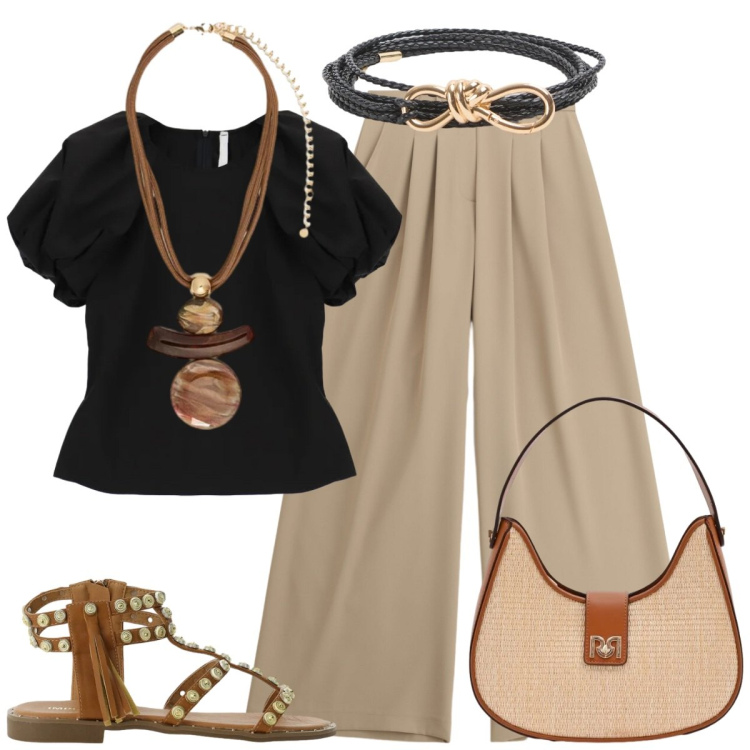 Outfit donna - Giornata con amici. Stile Casual chic per Tutti i giorni. Abbinamento con cinture, borse a spalla, bluse, sandali, pantaloni a palazzo, ciondoli.
