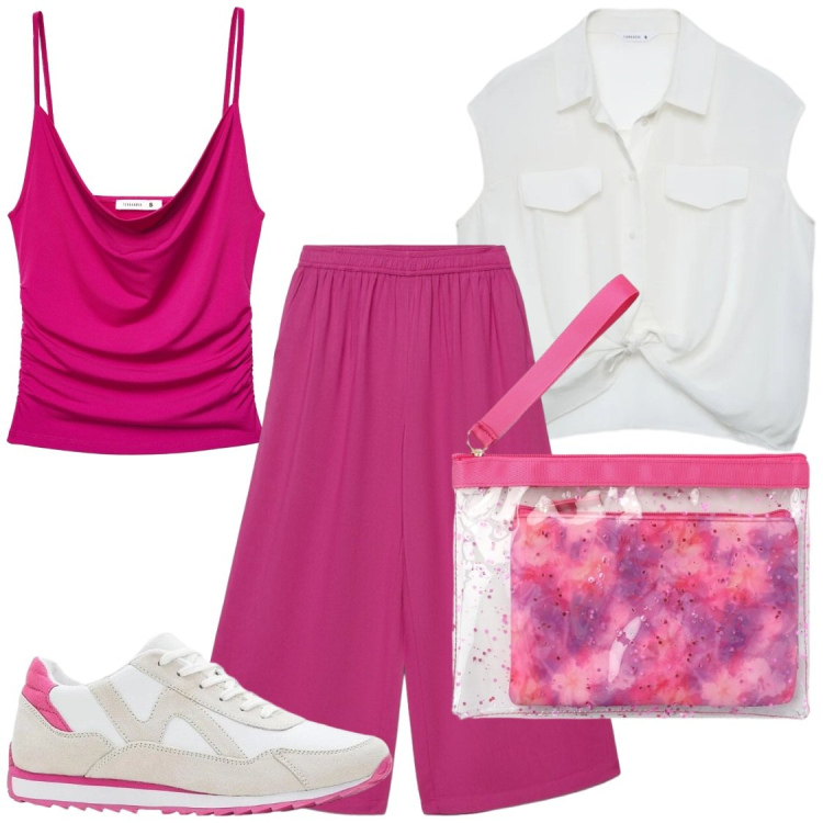 Outfit donna - Ciclamino. Stile Chic per Tutti i giorni. Abbinamento con sneakers, pochette, canottiere, camicie a manica corta, pantaloni a palazzo.