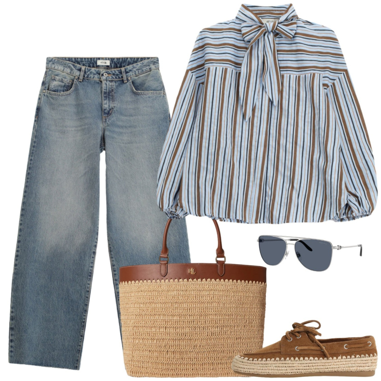 Outfit donna - La blusa ️. Stile Casual chic per Scuola/Università. Abbinamento con borse tote, occhiali da sole, jeans, bluse, scarpe stringate.