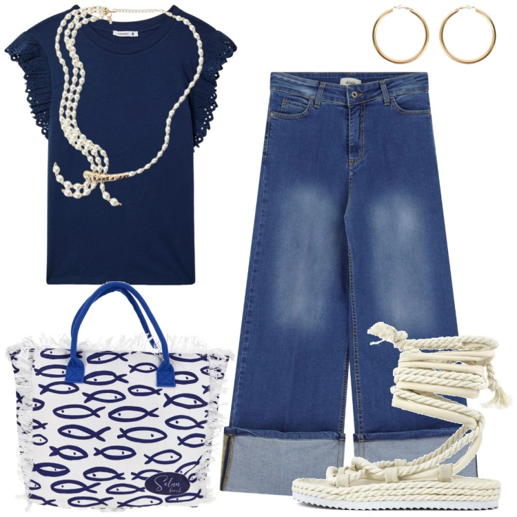 Outfit donna - Look blusa e jeans. Stile Casual chic per Tutti i giorni. Abbinamento con bluse, jeans dritti, orecchini, collane, sandali, shopping bag.