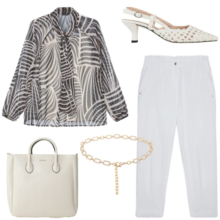 Outfit donna - Stampe in bianco e nero. Stile Chic per Tutti i giorni. Abbinamento con décolleté, cinture, borse a tracolla, pantaloni, bluse.