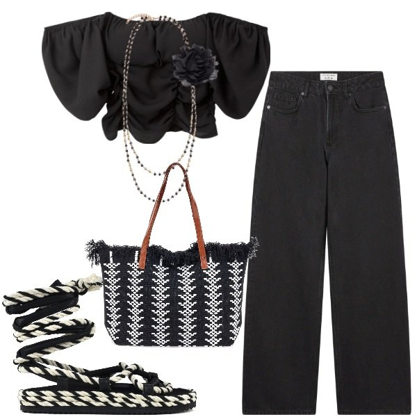 Outfit donna - Blusa + jeans - Il nuovo everyday look. Stile Casual chic per Mare. Abbinamento con bluse, jeans, collane, sandali, borse tote.