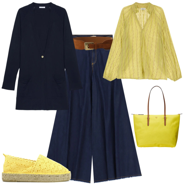 Outfit donna - Casual chic ufficio tempo libero. Stile Casual chic per Tutti i giorni. Abbinamento con jeans, cinture, camicie, cardigans, borse tote, espadrillas.
