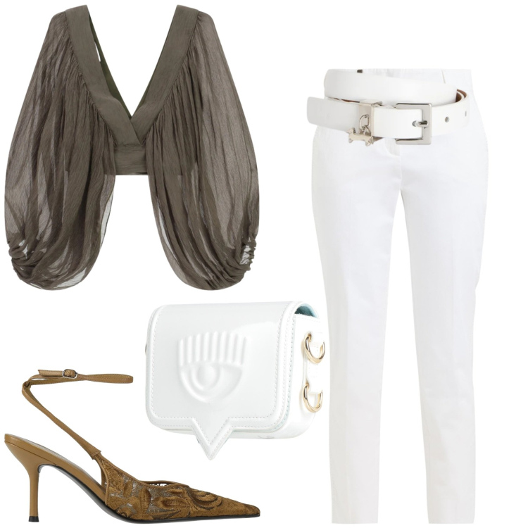 Outfit donna - Apericena. Stile Casual chic per Serata fuori. Abbinamento con décolleté, marsupi, pantaloni, top, cinture.