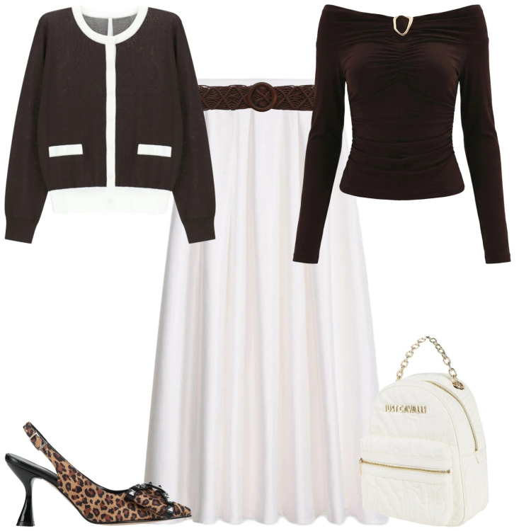 Outfit donna - Casual chic ufficio tempo libero. Stile Casual chic per Tutti i giorni. Abbinamento con décolleté, zaini, gonne lunghe, cinture, bluse, cardigans.