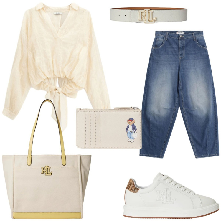 Outfit donna - Color crema. Stile Casual chic per Ufficio. Abbinamento con jeans, cinture, borse tote, sneakers, portafogli, bluse.