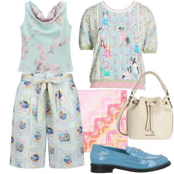 Outfit donna - Stampe che raccontano - FDCI. Stile Trendy per Tutti i giorni. Abbinamento con sciarpe, pullovers, mocassini, borse a secchiello, bermuda, top.
